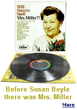 In 2009, the recording sensation was Susan Boyle. In 1966, it was Mrs. Miller. The difference is, Susan Boyle can sing. Elva Miller owes her fame to her uniquely atrocious vocal style and to the fearless gusto with which she assailsand destroysa song. Her debut albumMrs. Miller's Greatest Hits, issued by Capitol Records in 1966is a collector's item. It sold 200,000 copies and left an indelible stain on modern music.